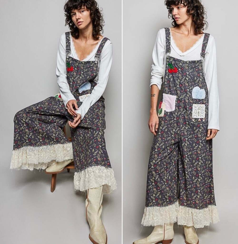 POL Cherry Floral Printed Patchwork Overalls with Lace Ruffle Hem